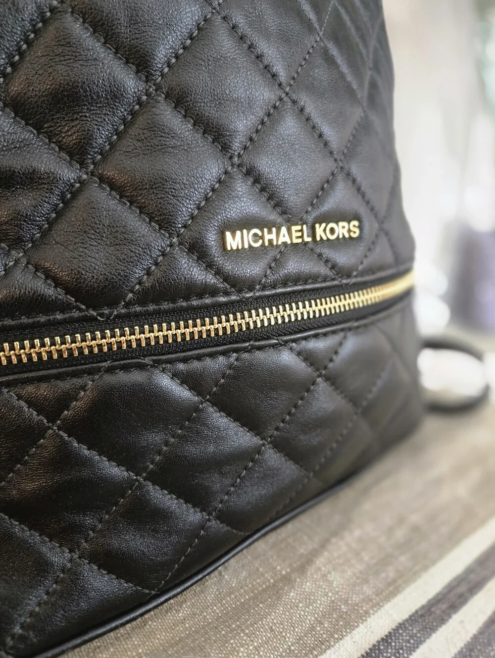 Michael Kors Black Quilted Leather Backpack with Gold Hardware